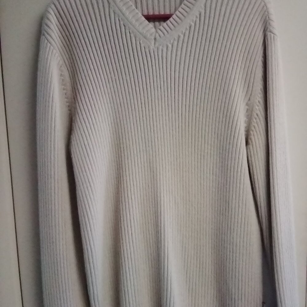 Men's Structure Tan Rib Knit V Neck Sweater Large